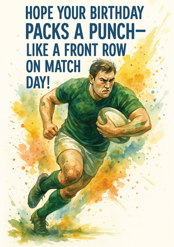 Birthday card with a rugby player and celebratory text on a colourful background. This is a beautiful Cows Corner Card