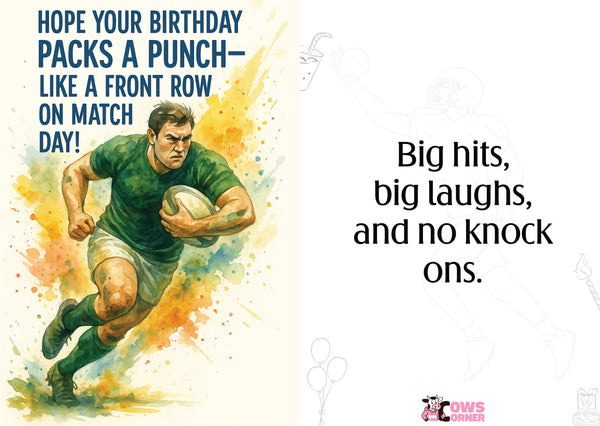 Rugby player in action with celebratory text on a white background. This is a beautiful Cows Corner Card