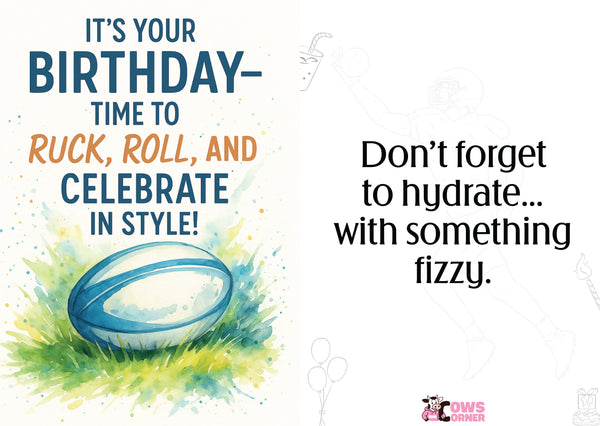 Birthday greeting with rugby ball and hydration message on a white background. This is a beautiful Cows Corner Card