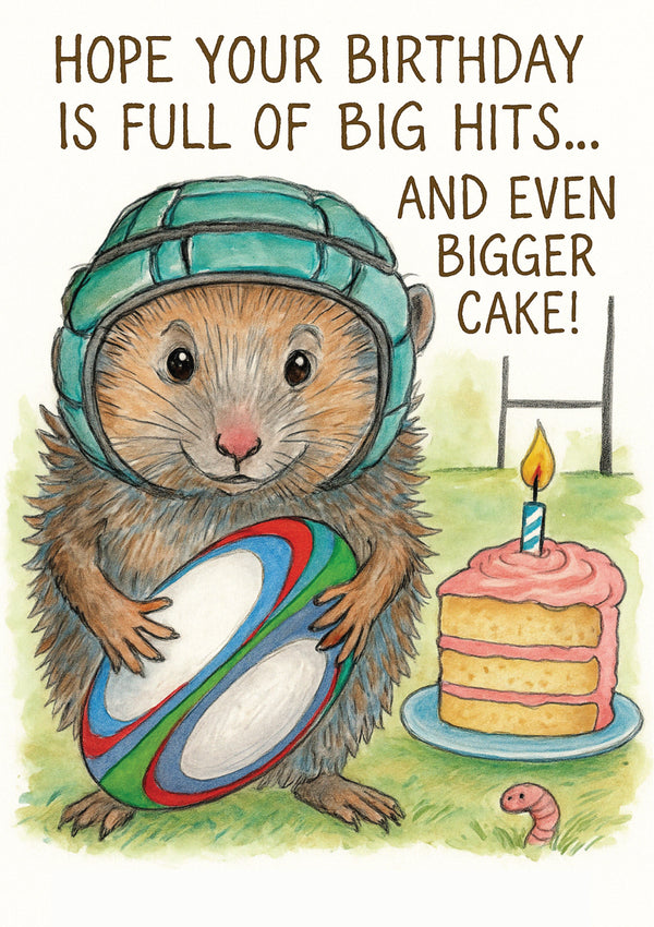 Illustration of a hedgehog with a helmet and rugby ball, next to a birthday cake with a candle, on a white background. This is a beautiful Cows Corner Card