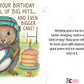 Cartoon animal holding a rugby ball and birthday cake with birthday wishes text. This is a beautiful Cows Corner Card