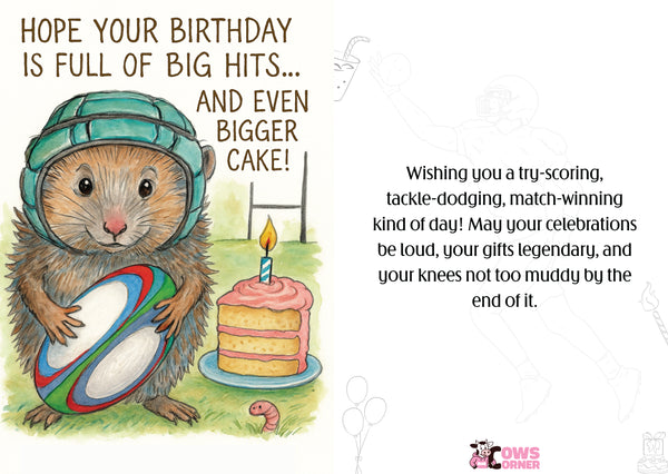 Cartoon animal holding a rugby ball and birthday cake with birthday wishes text. This is a beautiful Cows Corner Card