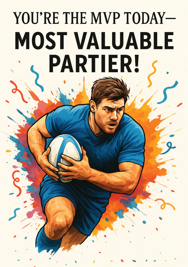 Man holding a rugby ball with colorful splashes and text on a white background. This is a beautiful Cows Corner Card