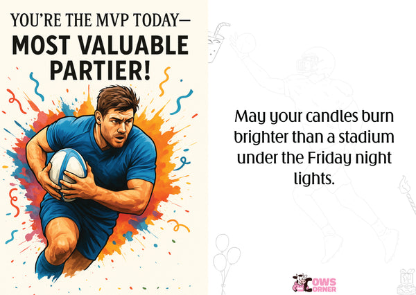 Rugby player holding a ball with colorful splashes and text about being the MVP. This is a beautiful Cows Corner Card