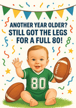 Illustration of a baby in a green jersey with the number 80, holding footballs, surrounded by colorful confetti and text. This is a beautiful Cows Corner Card
