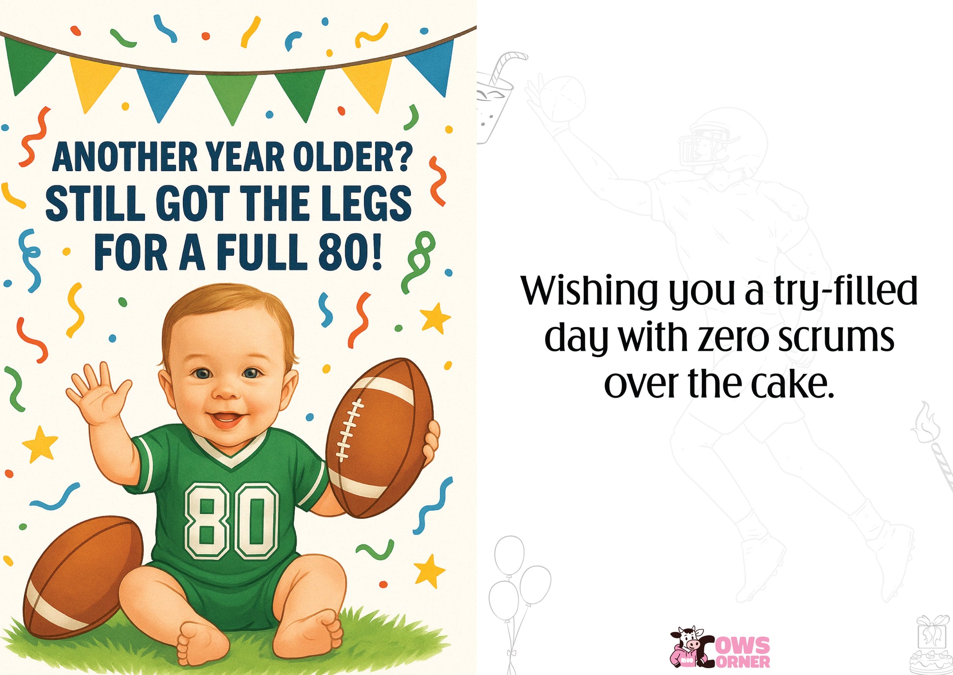 Illustration of a baby in a sports jersey holding footballs with birthday wishes text. This is a beautiful Cows Corner Card