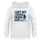 A white hoodie with the funny football slogan on the front saying 'I Get My Tekkers From Dad'