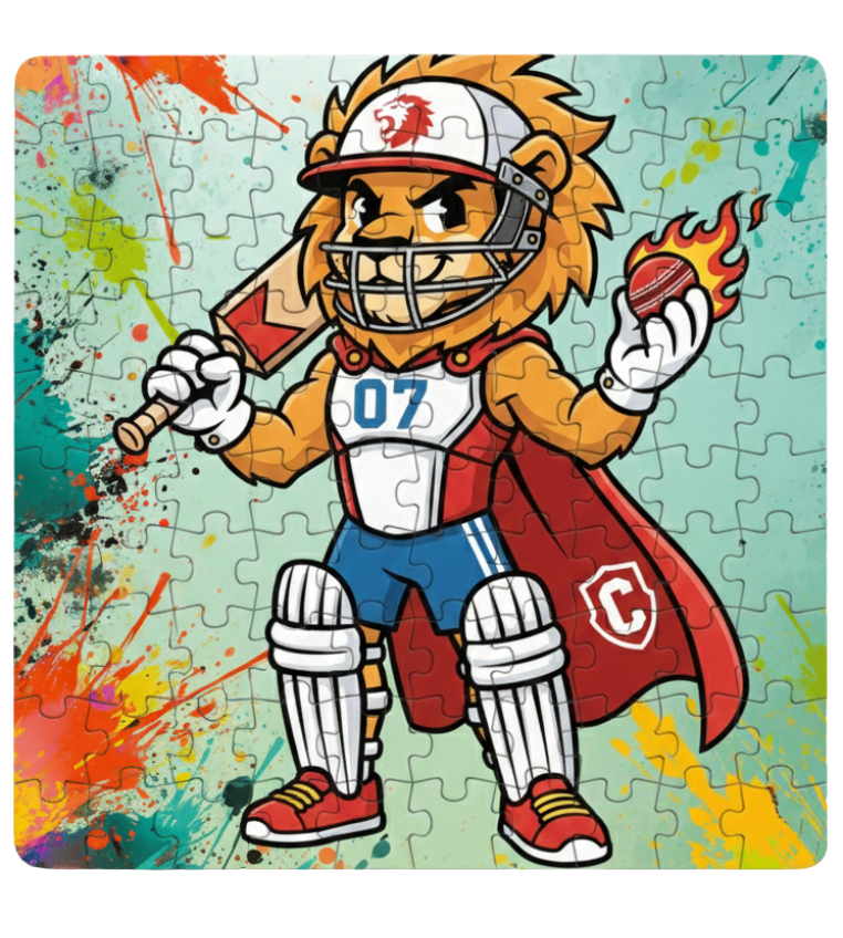 Jigsaw puzzle with a cartoon lion character holding a bat and a flaming cricket ball on a colourful background. This is a Cows Corner customised jigsaw Cows Corner gifts are perfect for sport-mad fans, these gifts work brilliantly for birthdays, new baby celebrations, Father’s Day, Mother’s Day, Christmas, anniversaries, thank you gifts, end-of-season team awards, graduations, retirements, and just-because moments when you want to raise a smile. 
