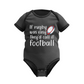 Black baby onesie with white text and rugby ball graphic on a white background with a Cows Corner slogan saying if rugby was easy they'd call if football