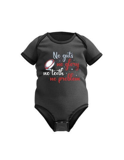 Black baby onesie with humorous text design on a white background with a Cows Corner slogan saying No guts no glory, no teeth no problem