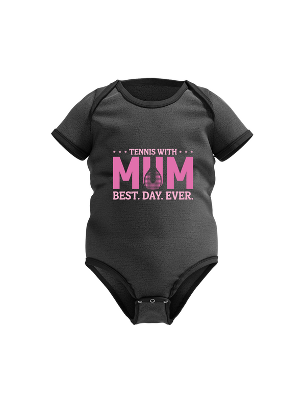 A black baby grow with a lovely tennis saying on the front that reads 'Tennis with Mums. Best. Day. Ever!'