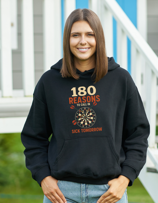 A lady wearing a black hoodie with cows corner slogan on the front saying 180 Reasons To Call In Sick Tomorrow 