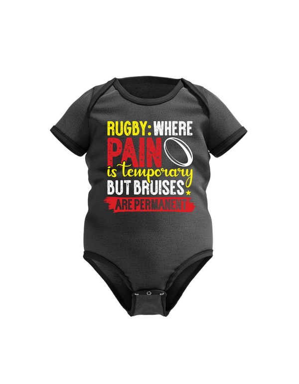 Black baby onesie with colorful text and rugby ball graphic on a white background with a Cows Corner slogan saying Rugby where pain is temporay but bruises are permanent