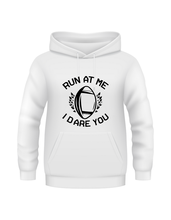 White hoodie with black text and graphic on a white background with a Cows Corner slogan saying run at me I dare you