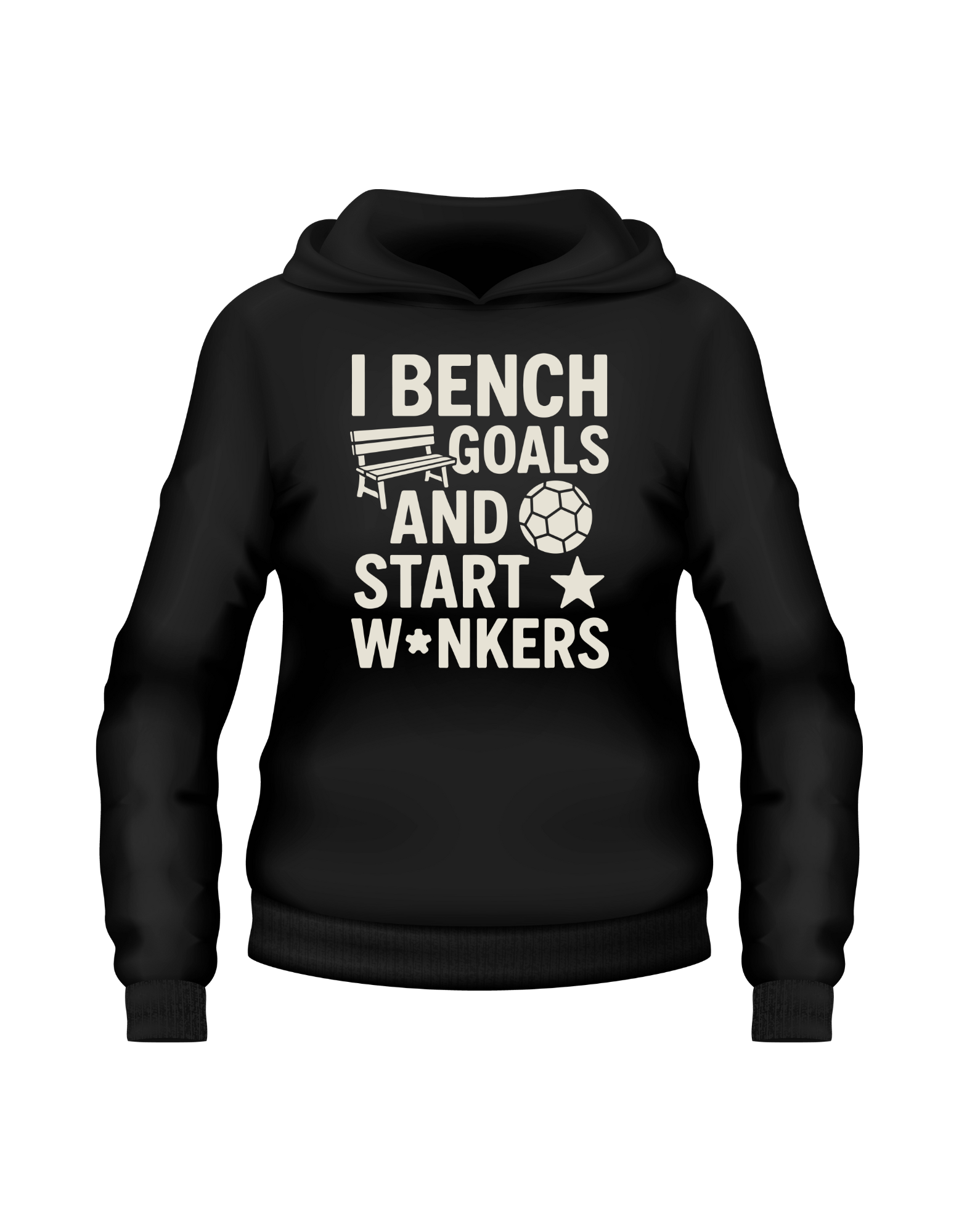 Black hoodie with white text and graphics on a white background - a Cows Corner hoodie with the funny fantasy football slogan on the front that reads 'I Bench Goals and Start W*nkers'. Cows Corner gifts are perfect for sport-mad fans, these gifts work brilliantly for birthdays, new baby celebrations, Father’s Day, Mother’s Day, Christmas, anniversaries, thank you gifts, end-of-season team awards, graduations, retirements, and just-because moments when you want to raise a smile. 
