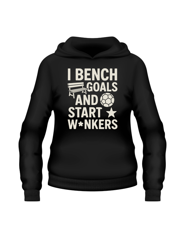 Black hoodie with white text and graphics on a white background - a Cows Corner hoodie with the funny fantasy football slogan on the front that reads 'I Bench Goals and Start W*nkers'. Cows Corner gifts are perfect for sport-mad fans, these gifts work brilliantly for birthdays, new baby celebrations, Father’s Day, Mother’s Day, Christmas, anniversaries, thank you gifts, end-of-season team awards, graduations, retirements, and just-because moments when you want to raise a smile. 