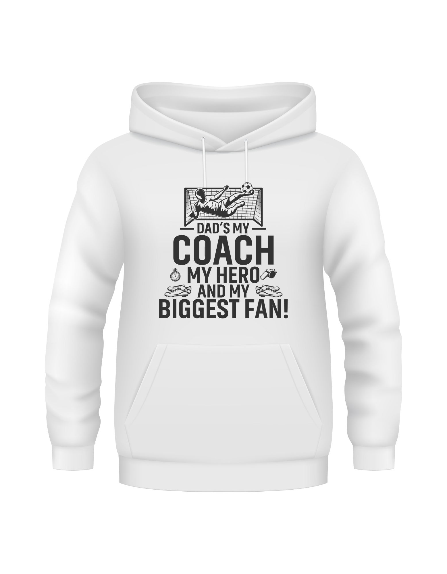 A white hoodie with the funny football slogan on the front saying 'Messi, Ronaldo…Nah ’My Dads the Real Goat!