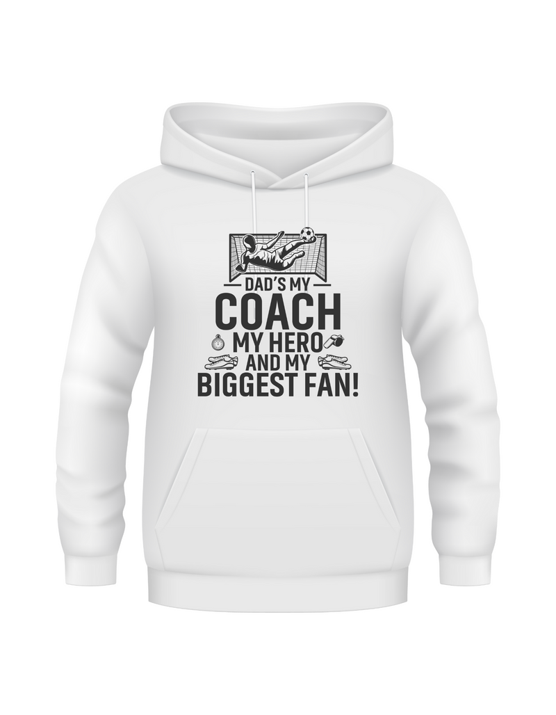 A white hoodie with the funny football slogan on the front saying 'Messi, Ronaldo…Nah ’My Dads the Real Goat!