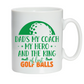 White mug with green and orange text and graphics on a white background with a Cows Corner slogan, Best dad by par.