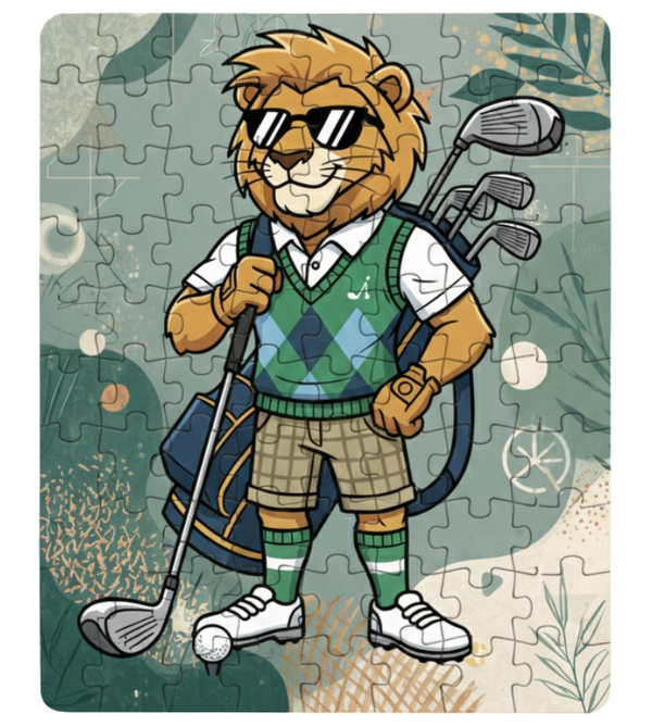Golf-themed puzzle with a cartoon lion character holding golf clubs on a green background.  This is a Cows Corner customised jigsaw Cows Corner gifts are perfect for sport-mad fans, these gifts work brilliantly for birthdays, new baby celebrations, Father’s Day, Mother’s Day, Christmas, anniversaries, thank you gifts, end-of-season team awards, graduations, retirements, and just-because moments when you want to raise a smile. 