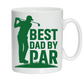 White mug with green golf-themed design and text on a white background with a Cows Corner slogan, Best dad by par.
