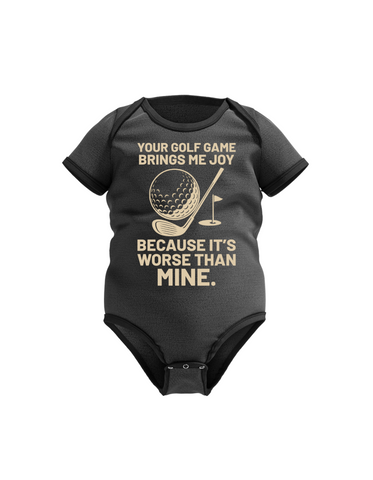 Your Golf Game Bring Me Joy, Because It’s Worse Than Mine | Funny Golf Baby Bodysuit, Organic Or In-conversion To Organic Cotton, Self Fabric Bound Neckline, Cuffs And Leg Openings