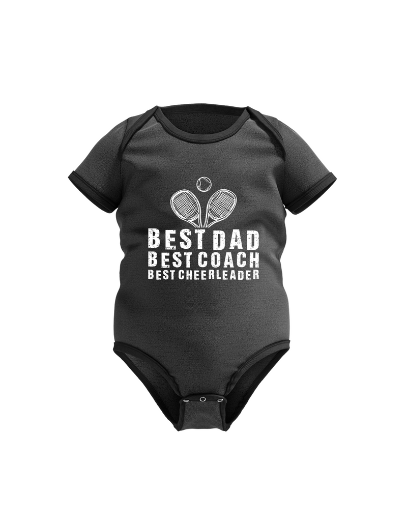 A black baby grow with the lovely tennis saying on the front that reads 'Best Dad, Best Coach, Best Cheerleader.