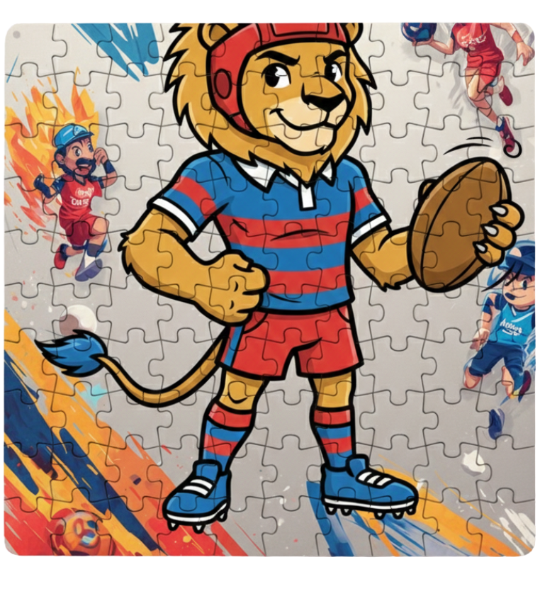 Jigsaw puzzle with a lion mascot character holding a rugby ball on a colorful background. This is a Cows Corner customised jigsaw Cows Corner gifts are perfect for sport-mad fans, these gifts work brilliantly for birthdays, new baby celebrations, Father’s Day, Mother’s Day, Christmas, anniversaries, thank you gifts, end-of-season team awards, graduations, retirements, and just-because moments when you want to raise a smile. 