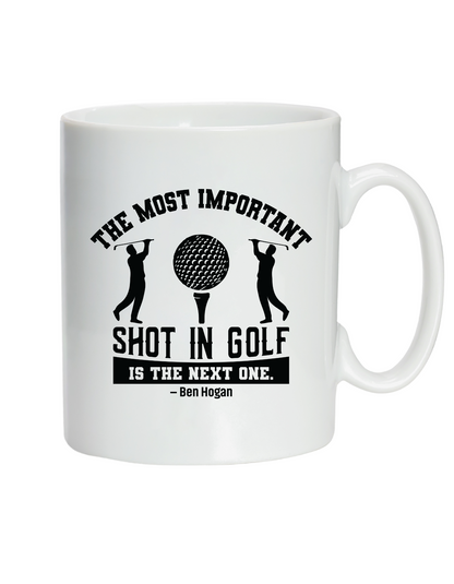 White mug with black golf-themed design and quote on a white background with a Cows Corner slogan saying White I die, bury me on the golf course so my husband will visit. 