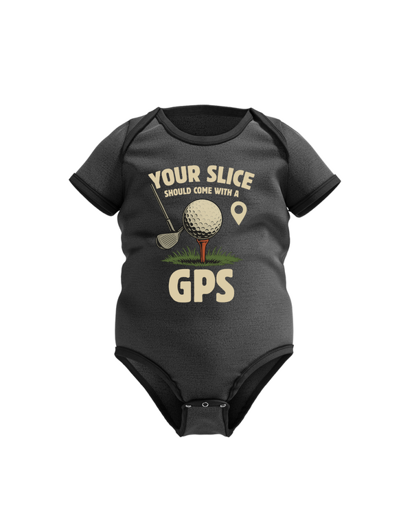 Gray baby onesie with golf-themed text and graphics on a white background with a Cows Corner slogan saying Your slice should come with a GPS