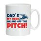 White mug with text 'Dad's my hero on and off the pitch' in blue and red on a white background with the Cows Corner slogan saying Dad's my hero on and off the pitch