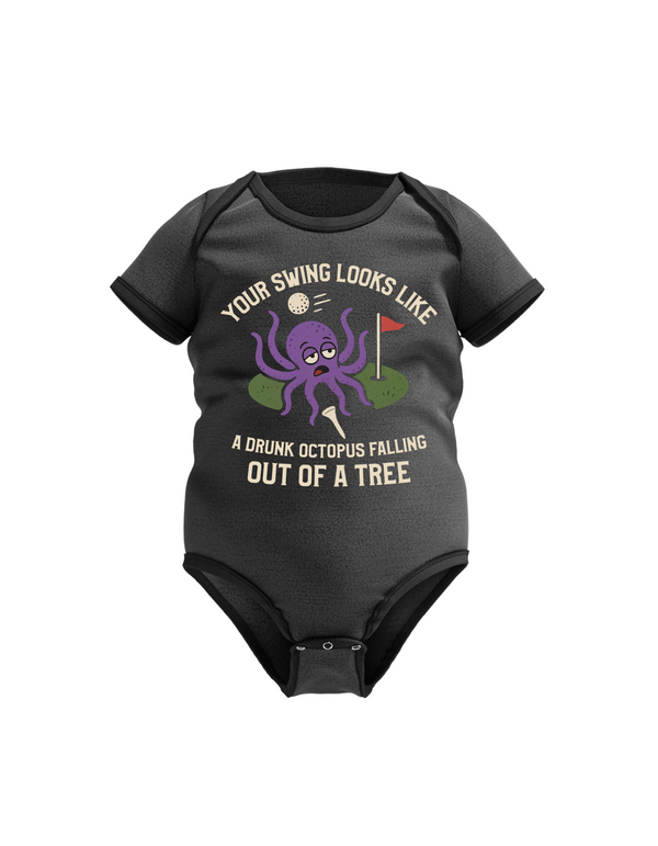Black baby onesie with a graphic of an octopus and text on a white background with Cows Corner slogan, your swing looks like a drunk octopus falling out of a tree.