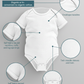 White baby onesie with features highlighted on a gray background. The image showcases the key features of the baby grow from Cows Corner