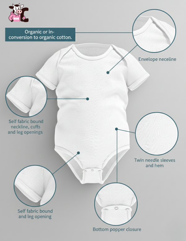 White baby onesie with features highlighted on a gray background. The image showcases the key features of the baby grow from Cows Corner