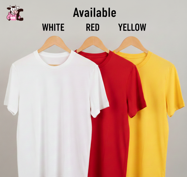 Three t-shirts in white, red, and yellow on hangers with 'Available' text above.  indicates and what colours you can print Cows Corner funny cricket, football, Tennis, golf, rugby and Darts slogans on - the perfect gift for all sports fans and perfect for birthdays, Christmas and christenings or just a thoughtful gift.