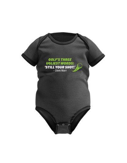 Black baby onesie with humorous text design on a white background with a Cows Corner slogan saying Golf, Three ugliest words, still your short - Dave Marr