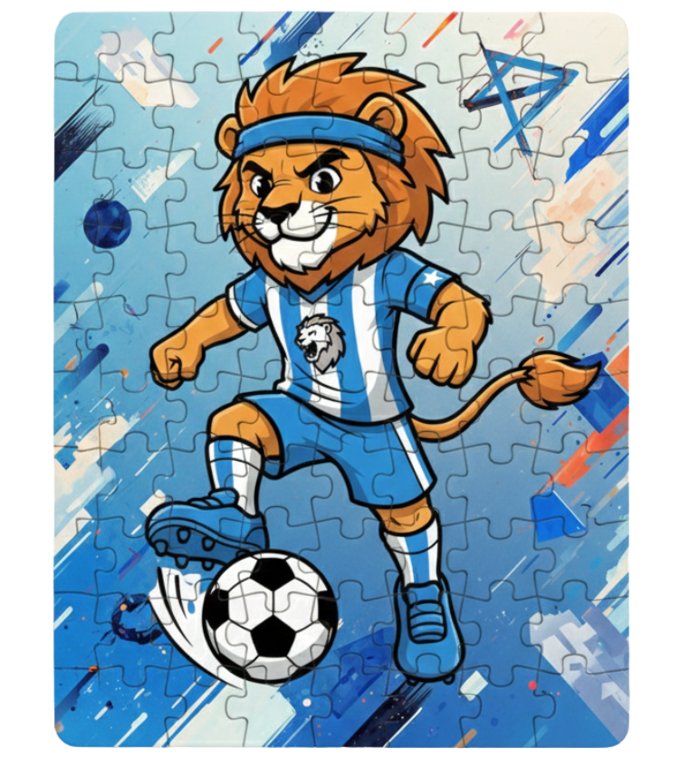 Jigsaw puzzle with a cartoon lion playing soccer on a blue background. This is a Cows Corner customised jigsaw Cows Corner gifts are perfect for sport-mad fans, these gifts work brilliantly for birthdays, new baby celebrations, Father’s Day, Mother’s Day, Christmas, anniversaries, thank you gifts, end-of-season team awards, graduations, retirements, and just-because moments when you want to raise a smile. 