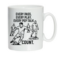 White mug with soccer-themed design and text on a white background, with Cows Corner slogan saying, Every pass, every play, every pep talk, you made it count.