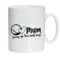 A white ceramic mug with lovely tennis slogan on the front reading 'Mum Serves Up Love and Aces'