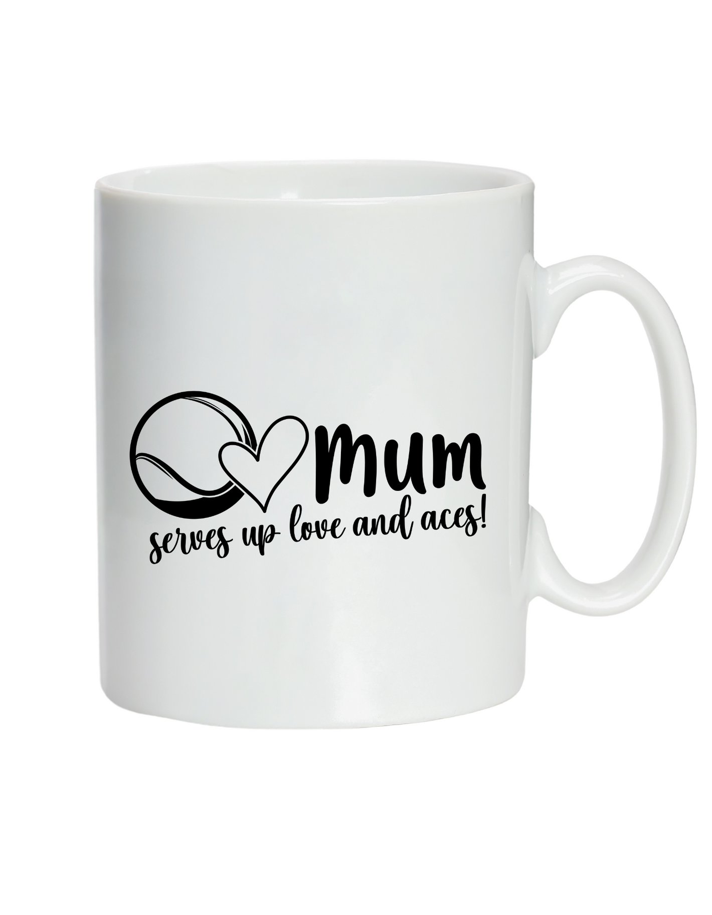 A white ceramic mug with lovely tennis slogan on the front reading 'Mum Serves Up Love and Aces'