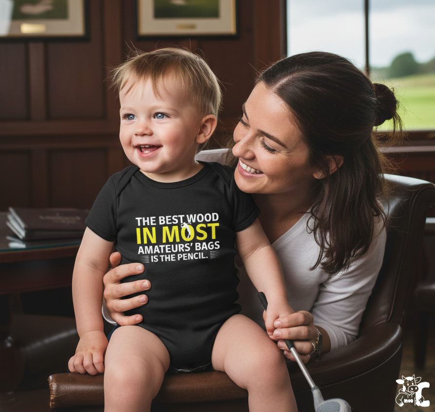 Woman holding a smiling baby wearing a black onesie with text. The boy is wearing a Cows Corner baby grow with the funny darts slogan on the front that reads 'The Best Wood in Most Amateurs Bags, Is the Pencil'.  Cows Corner gifts are perfect for sport-mad fans, these gifts work brilliantly for birthdays, new baby celebrations, Father’s Day, Mother’s Day, Christmas, anniversaries, thank you gifts, end-of-season team awards, graduations, retirements, and just-because moments when you want to raise a smile. 
