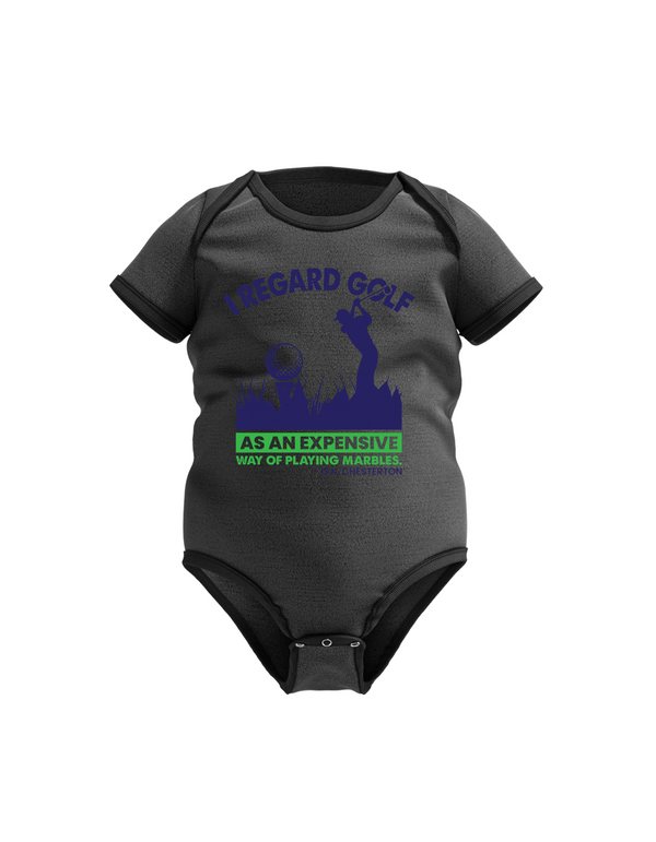 Gray baby onesie with blue and green graphic and text on a white background with a Cows Corner slogan saying I regard golf as an expensive way of play marbles.
