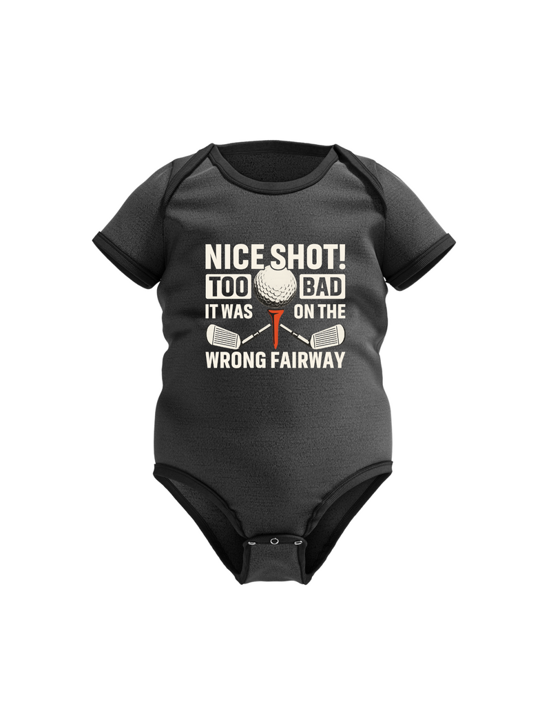 Black baby onesie with golf-themed text and graphics on a white background