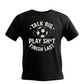 Black t-shirt with white text and soccer ball graphic on a white background. This is a Cows Corner T-shirt with the funny fantasy football slogan on the front that reads 'Talk Big, Play Sh*t, Finish Last'.  Cows Corner gifts are perfect for sport-mad fans, these gifts work brilliantly for birthdays, new baby celebrations, Father’s Day, Mother’s Day, Christmas, anniversaries, thank you gifts, end-of-season team awards, graduations, retirements, and just-because moments when you want to raise a smile.