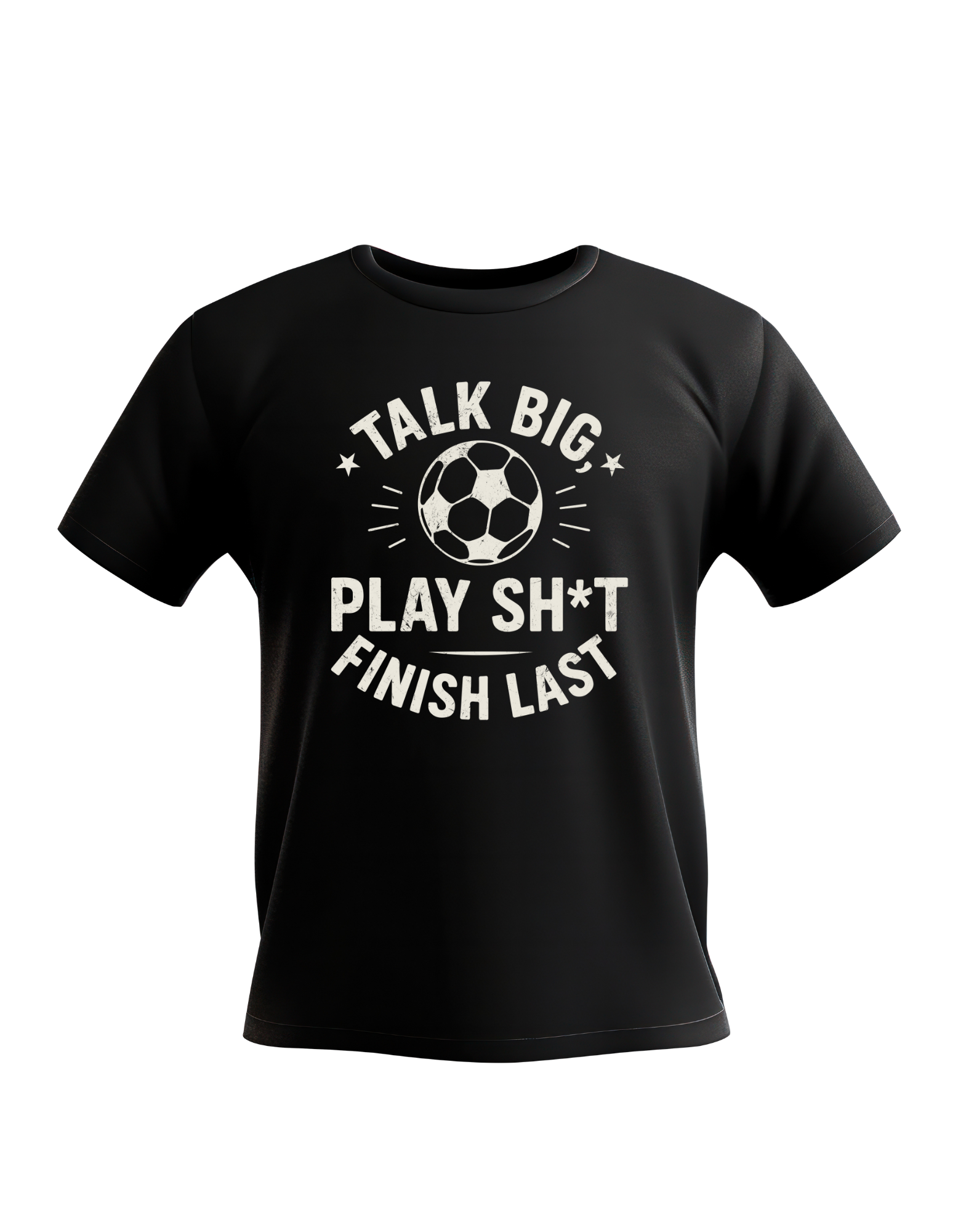 Black t-shirt with white text and soccer ball graphic on a white background. This is a Cows Corner T-shirt with the funny fantasy football slogan on the front that reads 'Talk Big, Play Sh*t, Finish Last'.  Cows Corner gifts are perfect for sport-mad fans, these gifts work brilliantly for birthdays, new baby celebrations, Father’s Day, Mother’s Day, Christmas, anniversaries, thank you gifts, end-of-season team awards, graduations, retirements, and just-because moments when you want to raise a smile.