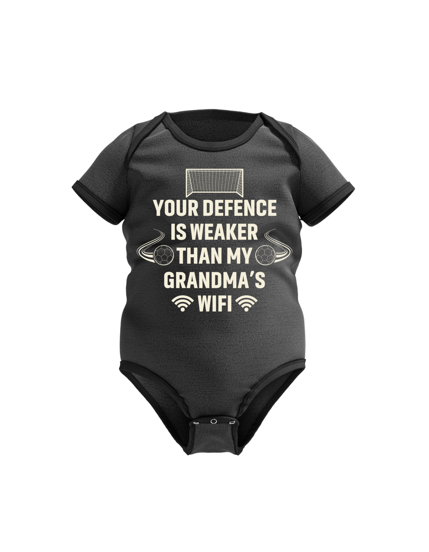 A black baby grow with the funny football slogan on the front that reads 'Your Defence Is Weaker Than My Grandma’s Wifi'