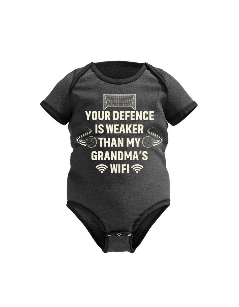 A black baby grow with the funny football slogan on the front that reads 'Your Defence Is Weaker Than My Grandma’s Wifi'