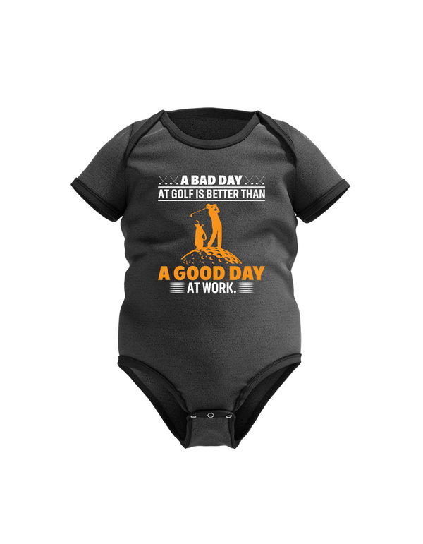 Black baby onesie with golf-themed text and graphics on a white background with a Cows Corner slogan saying A bad day at the golf is better than a good day at work.