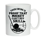 White mug with black golf graphic and text on a white background