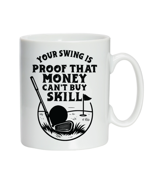 White mug with black golf graphic and text on a white background